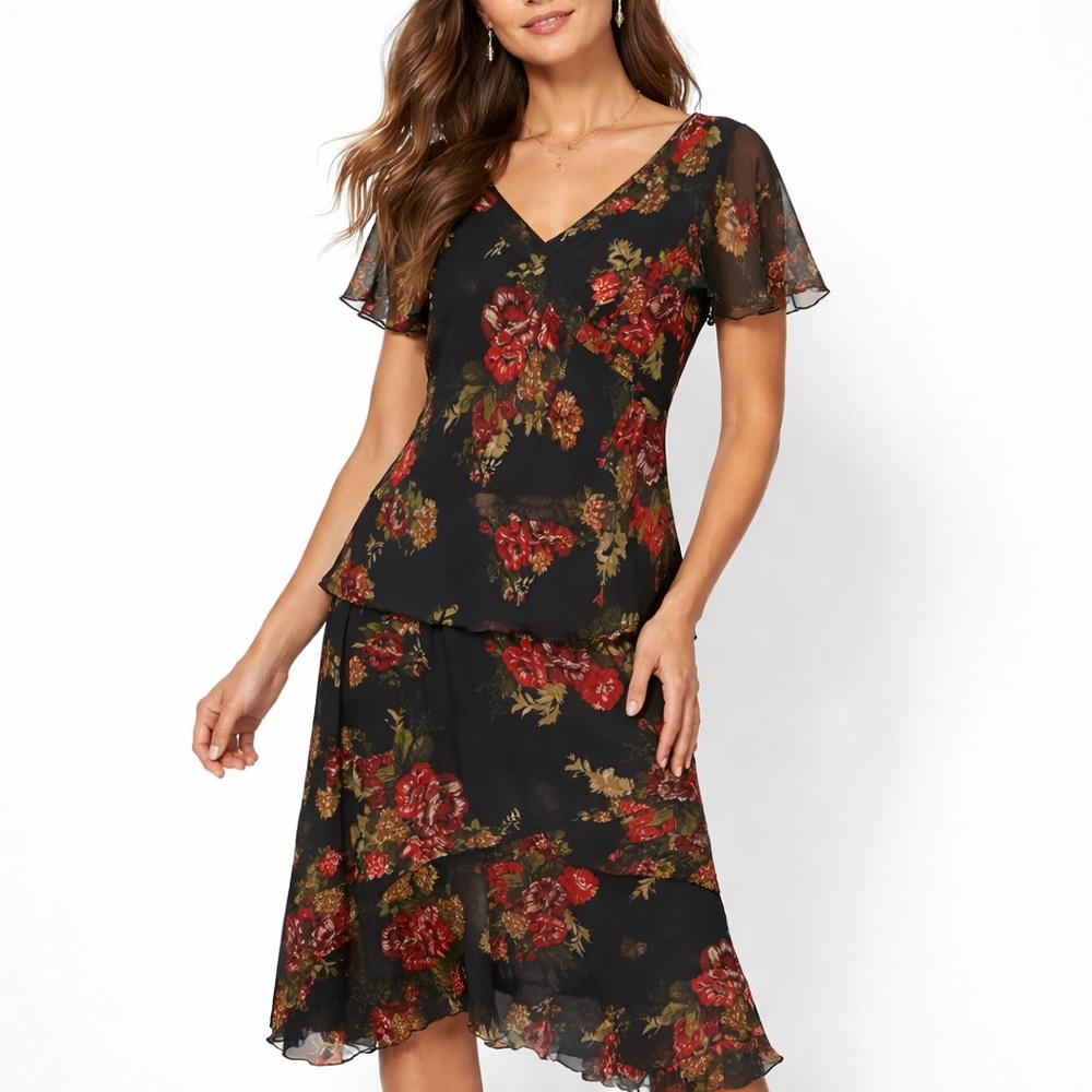 Studio I Floral Chiffon 2-Piece Dress Set Black Red Y2K Whimsigoth Size 14